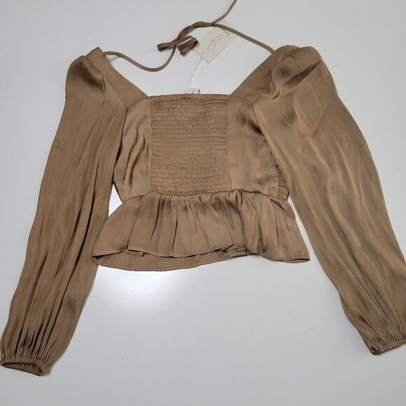 NEW JOIE TAUPE SILK FEEL SMOCKED CORSET PEASANT BLOUSE ULLA TOP M MEDIUM NWT - Picture 11 of 11